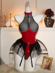 Crimson Temptation – Mesh Halter Bodysuit with Tulle Skirt