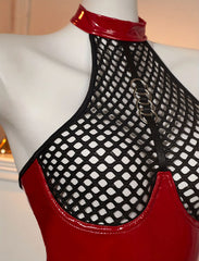 Crimson Temptation – Mesh Halter Bodysuit with Tulle Skirt