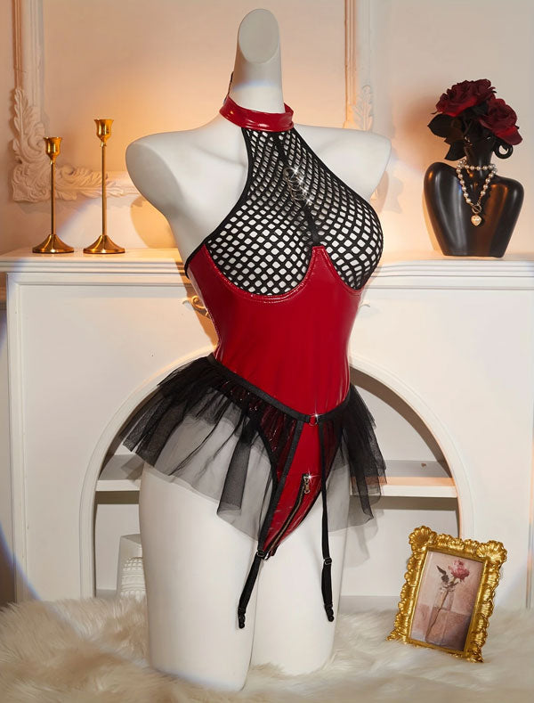 Crimson Temptation – Mesh Halter Bodysuit with Tulle Skirt