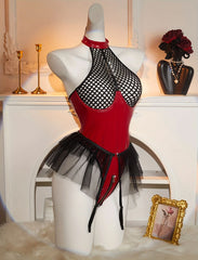 Crimson Temptation – Mesh Halter Bodysuit with Tulle Skirt