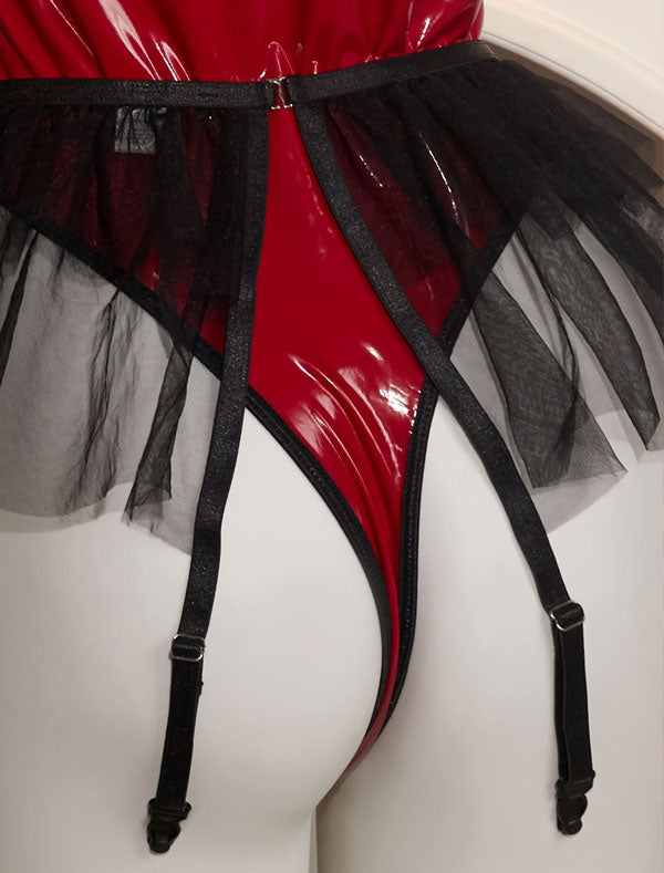 Crimson Temptation – Mesh Halter Bodysuit with Tulle Skirt
